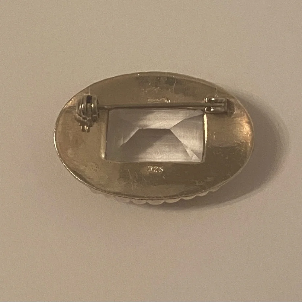 BROOCH VINTAGE STERLING SILVER 925 OVAL LARGE FACETED RECTANGLE CRYSTAL JEWELRY